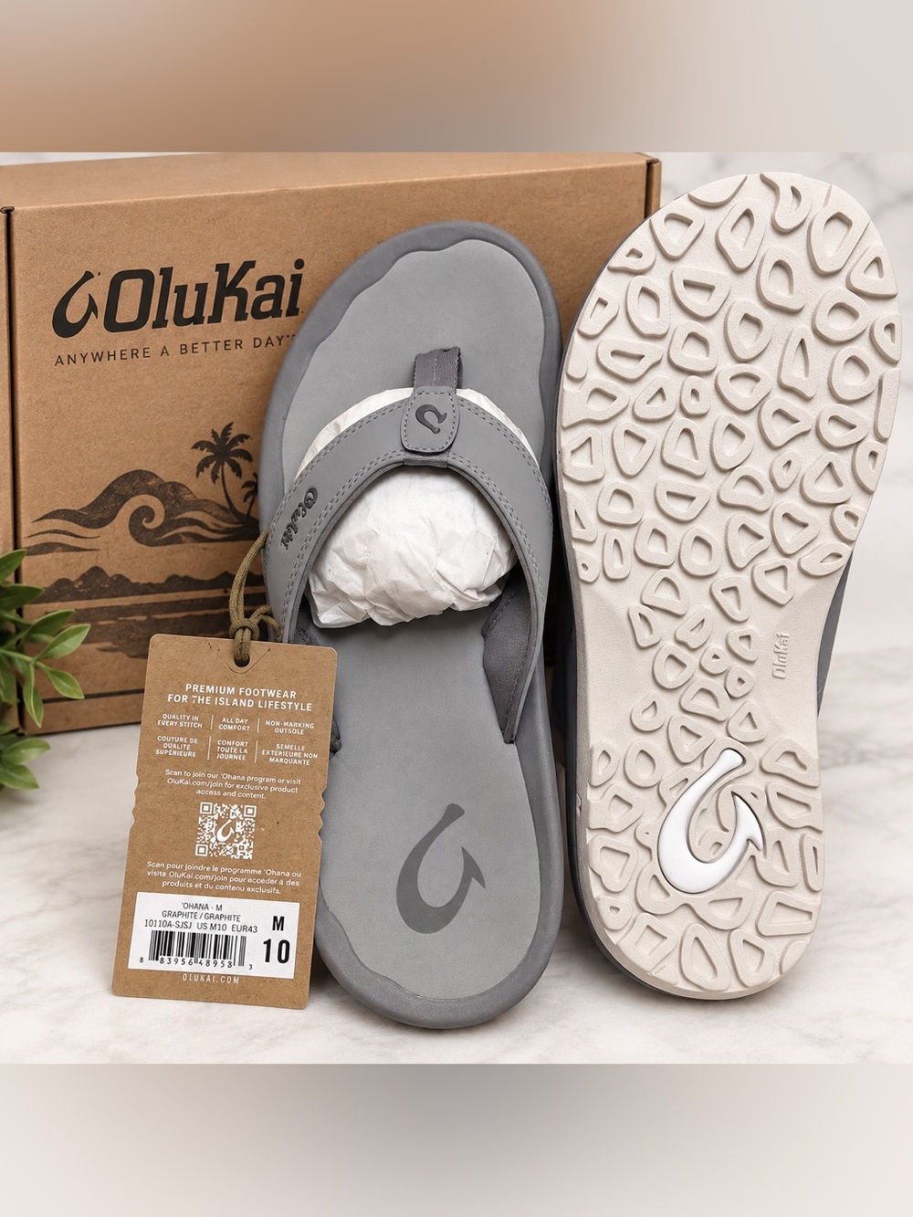 OluKai Men's Gray and White Flip Flop Sandals